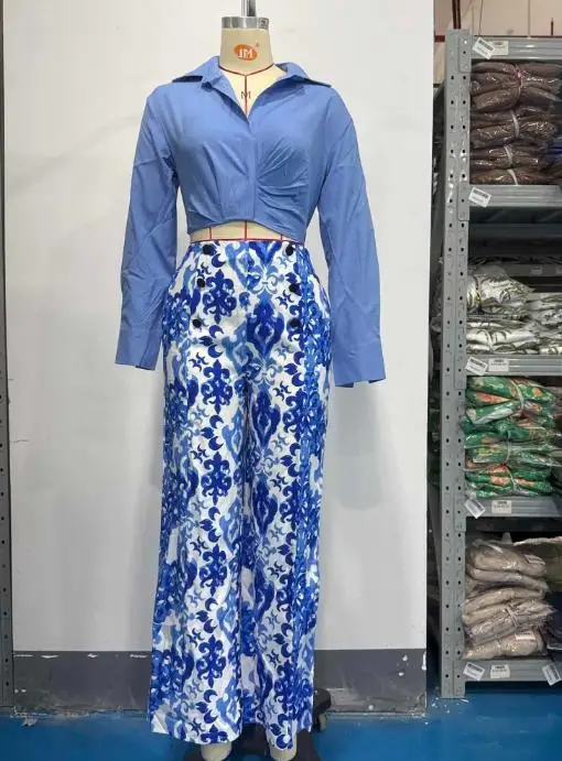 

Two Piece Set Women Outfit 2025 Spring Autumn New Fashion Turn-Down Collar Long Sleeve Shirt & Casual Print Wide Leg Pants Set
