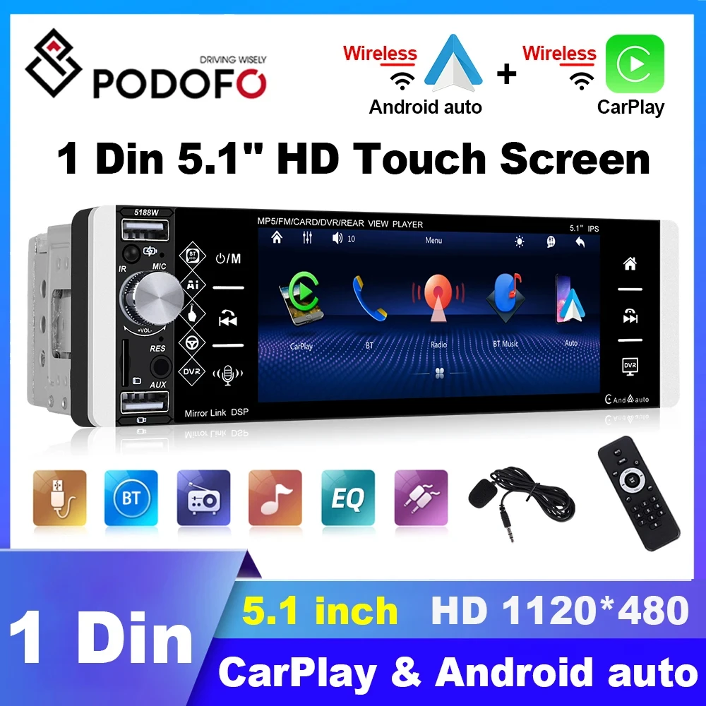 

Podofo 1din Carplay Car Radio 5.1 Inch MP5 Audio Video Player Android auto Carplay Bluetooth Receiver AM FM Radio Tape Recorder