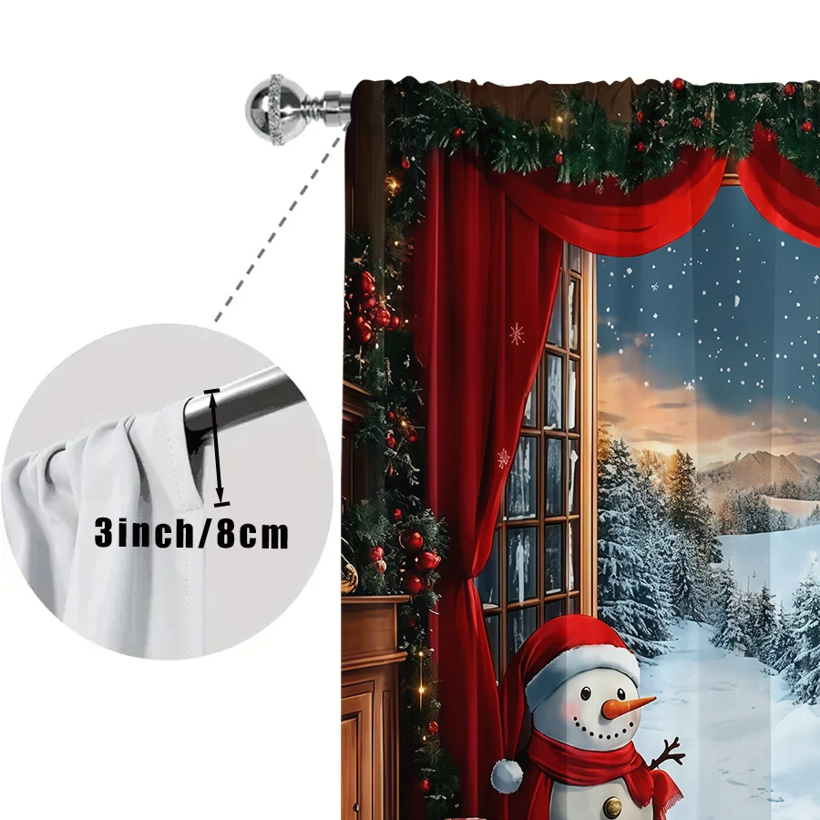 2PCS Christmas Window Snowman Print Curtains, Red Curtain Xmas Tree Gift Winter View Window Drapes for Holiday Bedroom Decor