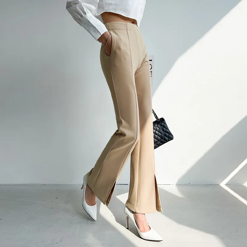 High Waist Slit Bootcut Trousers Women's Summer Thin Professional Commute Suit Pants Drooping Wide-Leg Pants Casual Ankle-Length