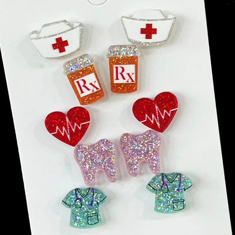 

10 Pairs Cute Glitter Acrylic Teeth Nurse Stud Earrings Women Unique Jewelry Wholesale