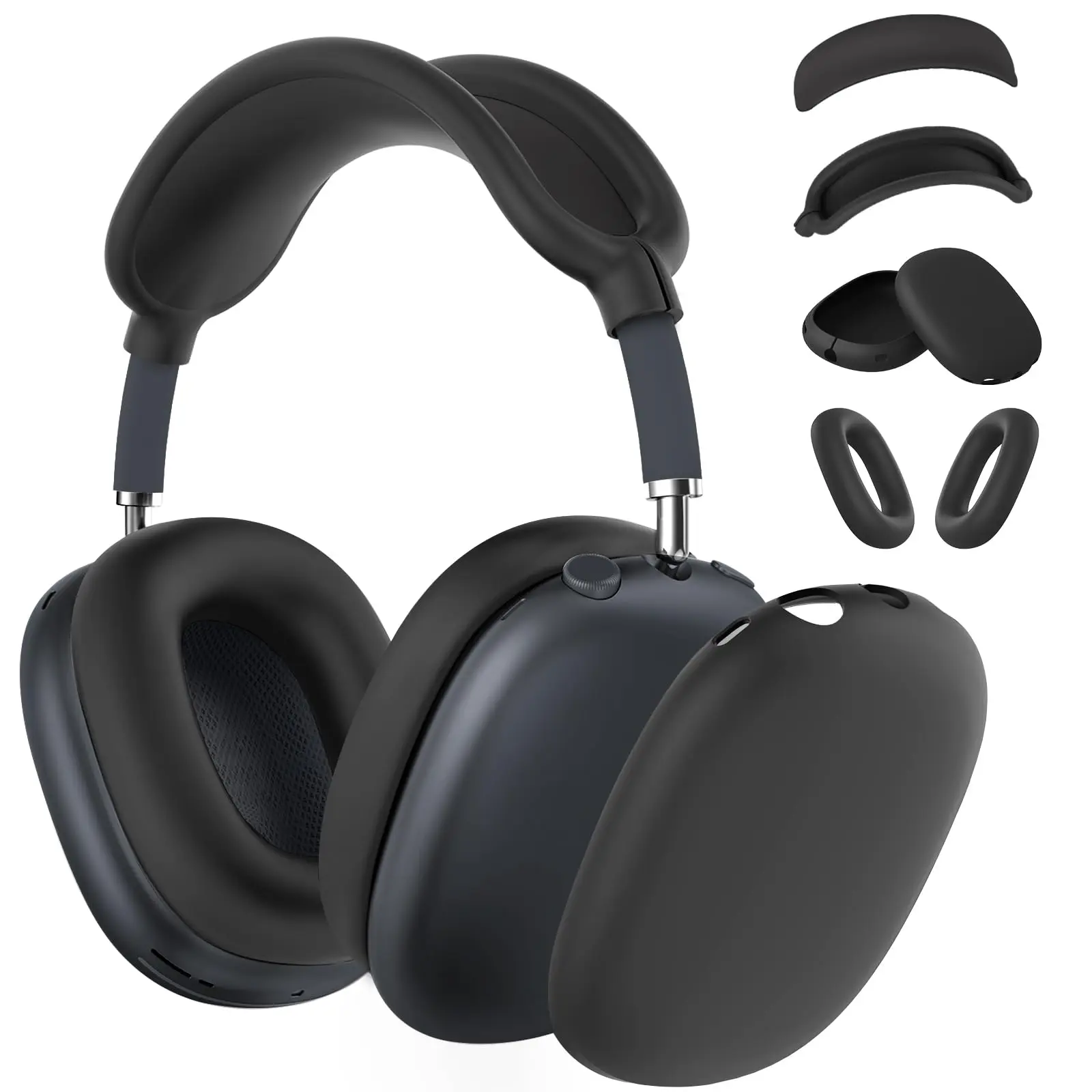 غطاء حماية من السيليكون 4 في 1 لسماعات AirPods Max، غطاء وسادة الأذن/غطاء أكواب الأذن/غطاء عصابة الرأس لجهاز AirPod Max - أسود