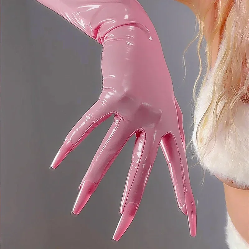 Pink Glossy GLOVES with NAILS Shiny 70cm Long Thin Elastic Faux Patent Leather Rubber Latex Nail Gloves Halloween Costume Glove