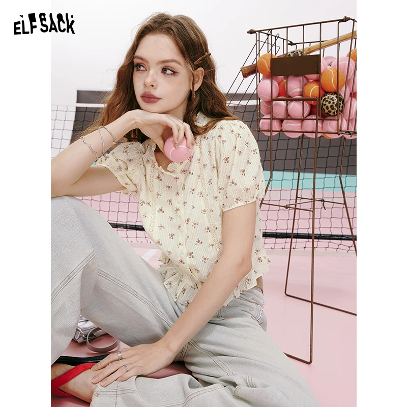 ELFSACK 2024 summer new arrival French lace print gentle style round neck puff sleeve temperament short sleeve shirt for women