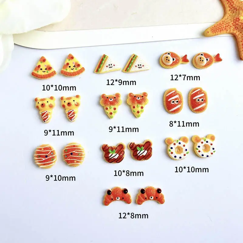 20PCS Creative Cute Expressions Pizza Nail Art Charms Cartoon Simulation Donut Bear Bread Dessert Nail Decorations for DIY Nails