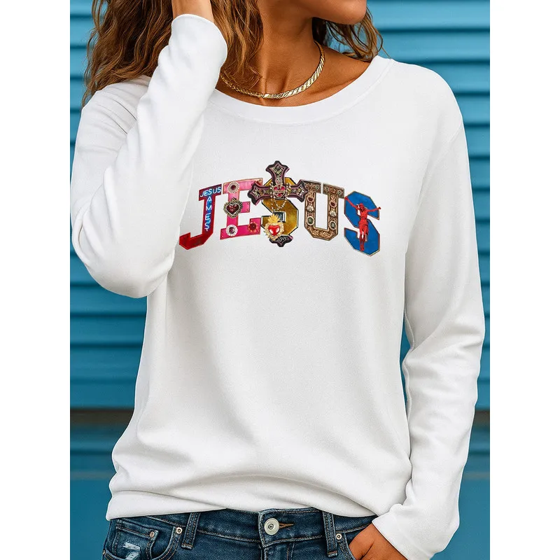 Women's Round Neck Long Sleeve T-Shirt, JESUS Vintage Cross Sacred Heart Christian Graphic Casual Tops
