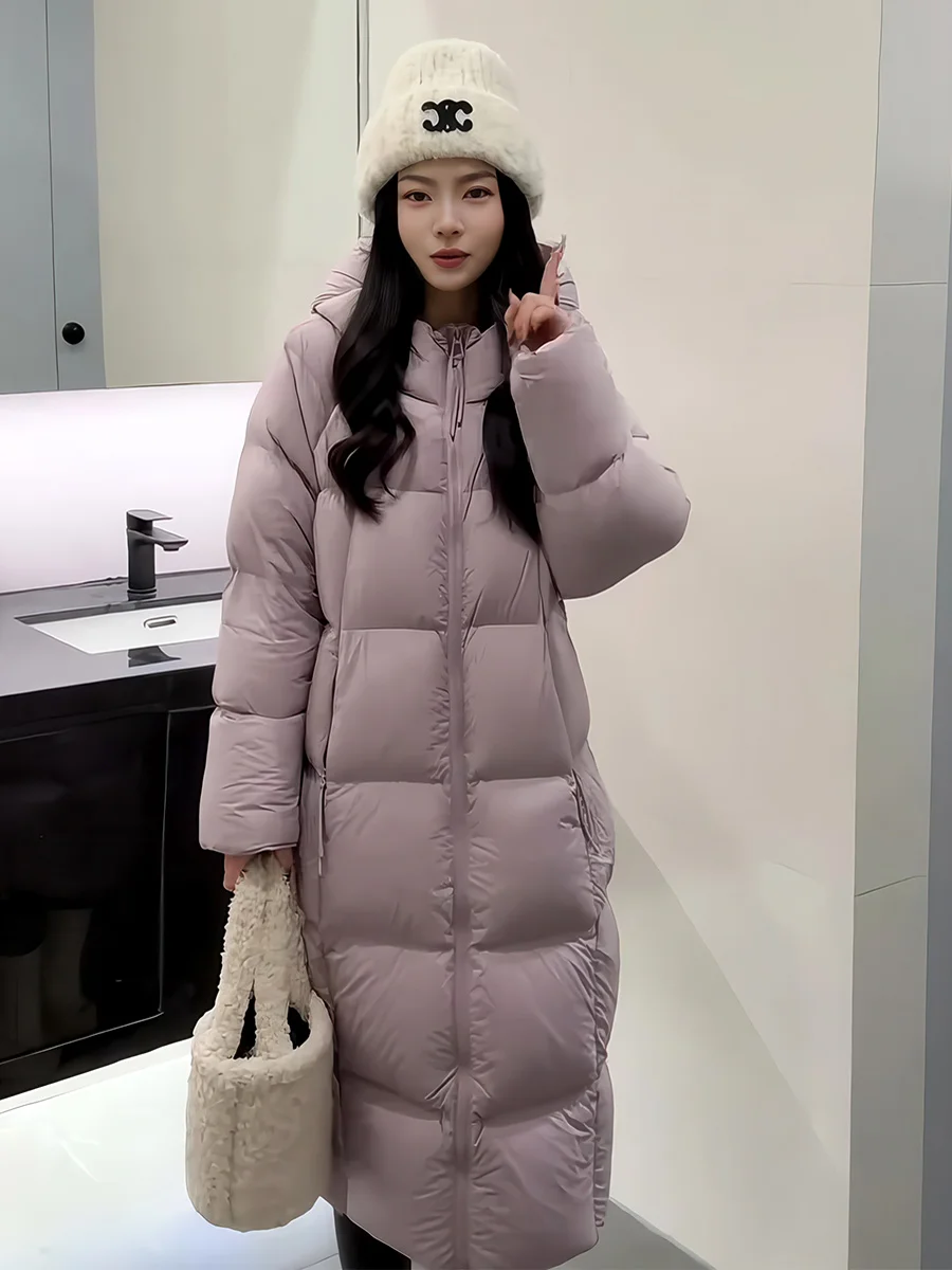 

Korean Sle Versatile Long Hooded White Du down Jaet Women's Winter New Thi Warm Bread Coat Casual Loose Fit Zipper
