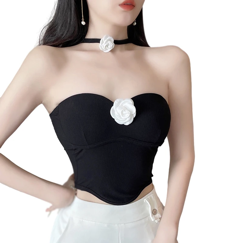 Women's Korean Version Solid Color Neck Strap Slim Fitting Sexy Knitted Sleeveless Strapless Tank Top