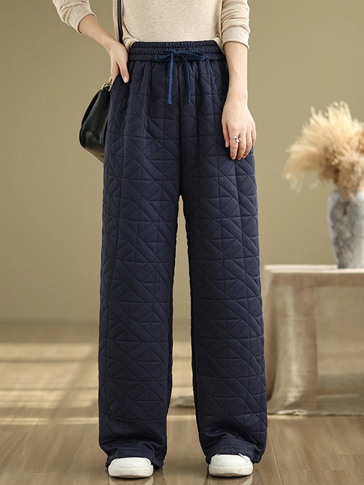 

Retro Plaid Quilted Straight Long Trousers 2024 New Winter High Waist Slim Casual Harem Pants Drawstring Cotton-padded Pants