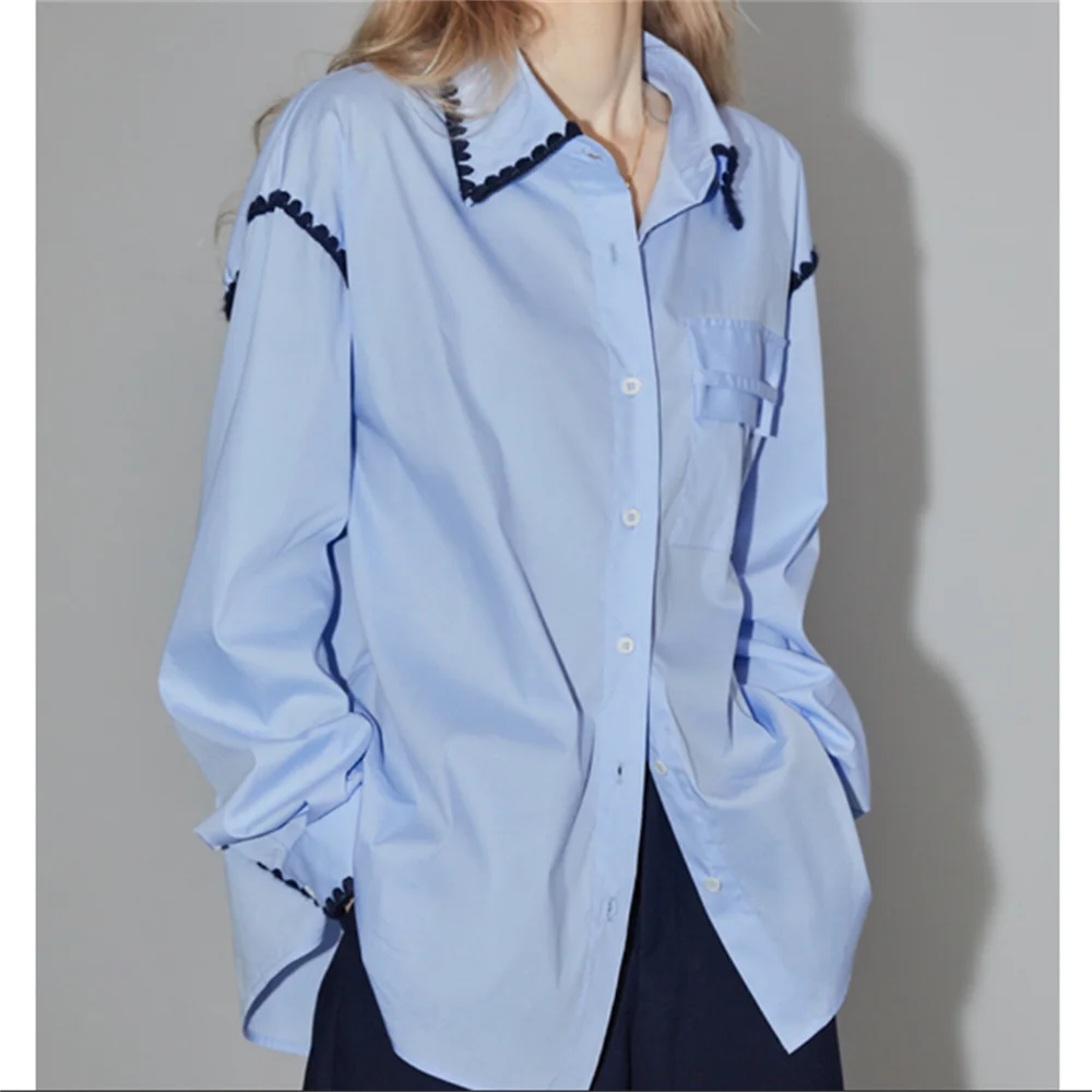 

Blue embroidered shirt New loose cotton blouse for Women