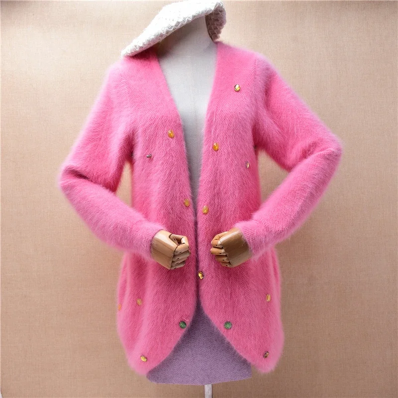 Women Mujer Autumn Winter Clothing Pink Beading Hairy Mink Cashmere Knitted Long Sleeves Split Loose Cardigans Mantle Sweater