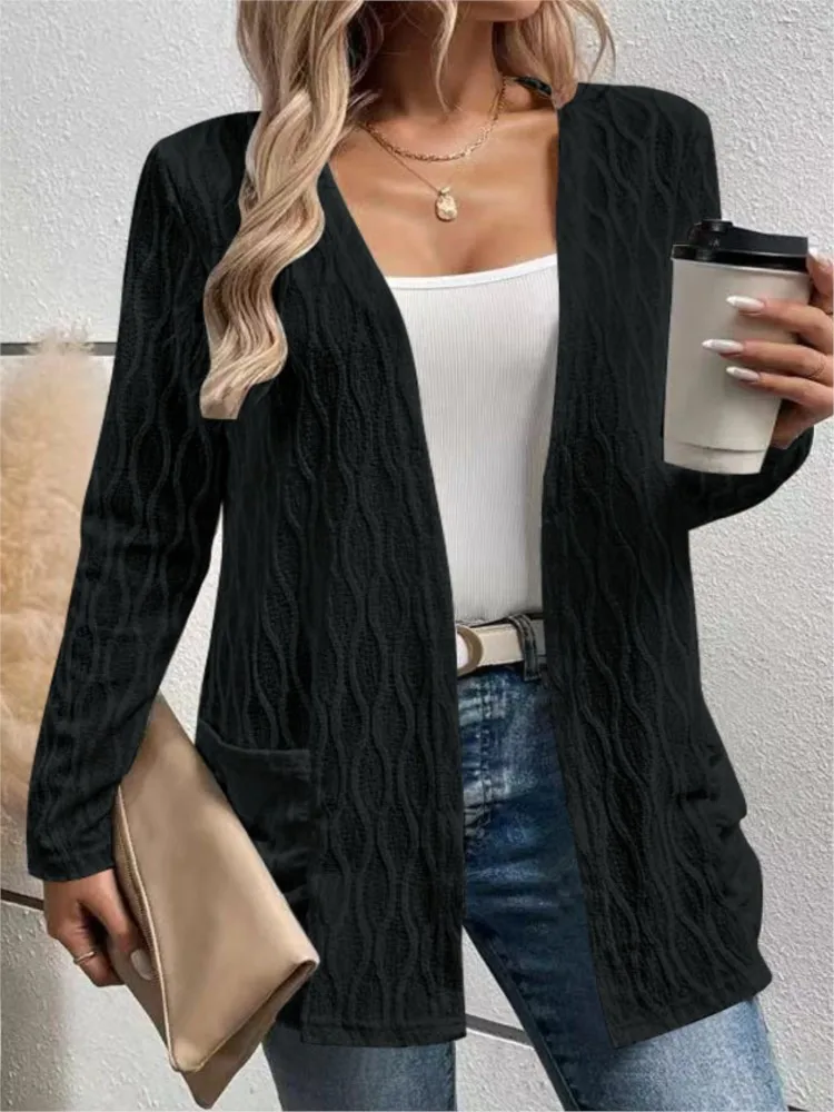 Autumn And Winter New Hollow Solid Color Home Casual Temperament Commuting Knitted Long Sleeved Cardigan Jacket Women's Clothing