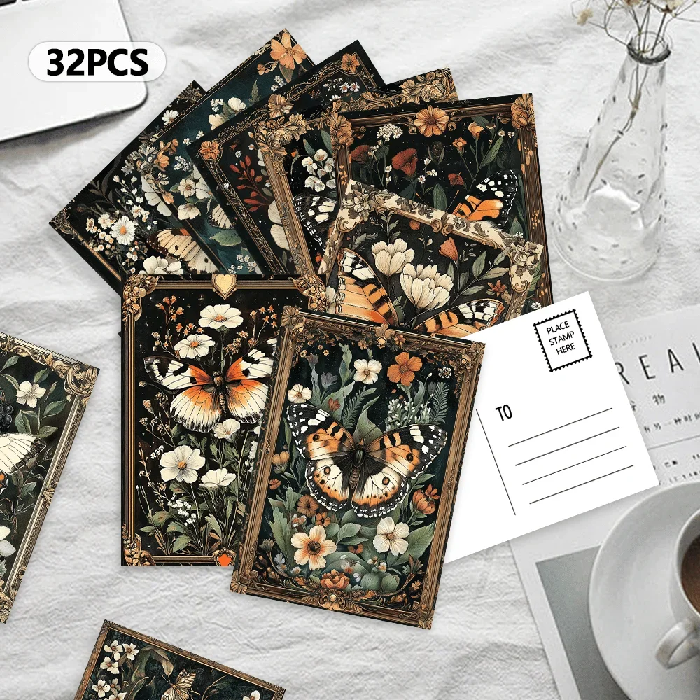 32pcs, floral butterflies, postcards, decorations/greeting cards/postcards, high-definition printing, collectible and mailable