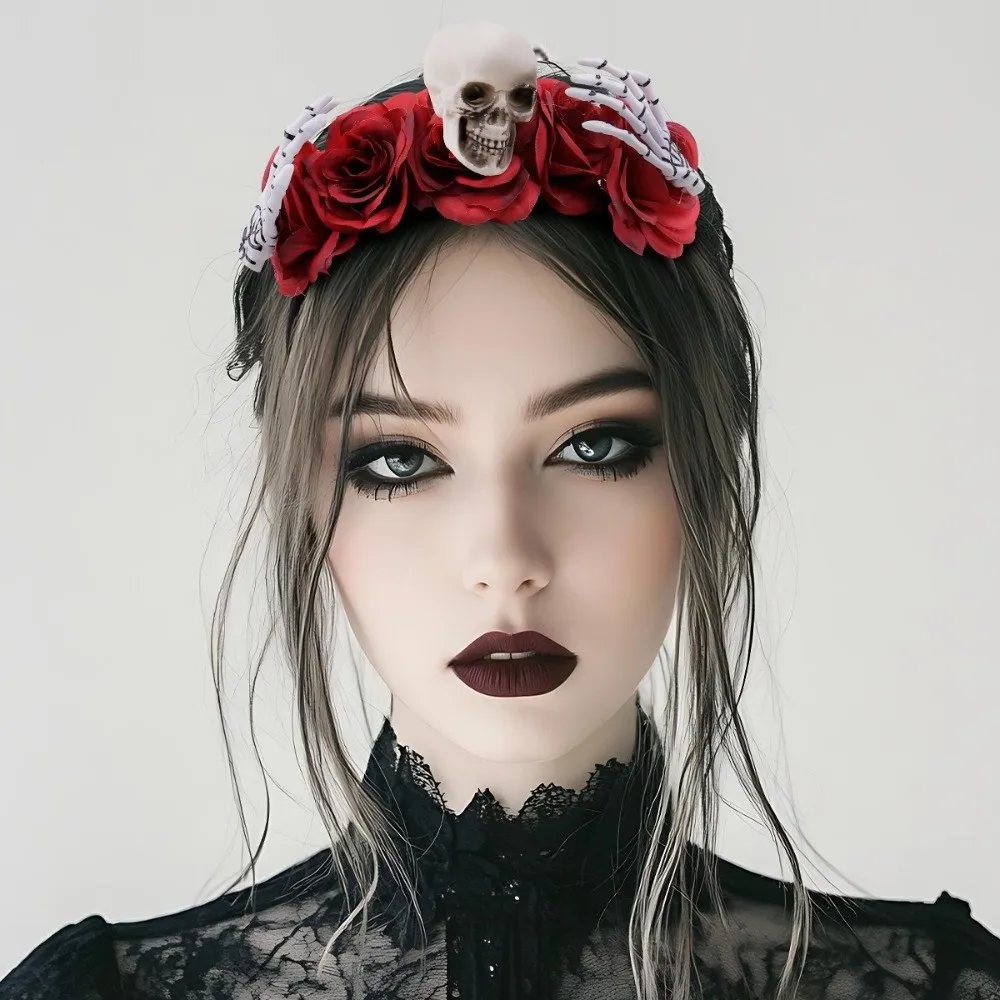 Divertida diadema de flores rosas para Halloween, aro para el pelo con calavera y rama de murciélago, corona de flores antideslizante gótica para Halloween, recuerdos de fiesta