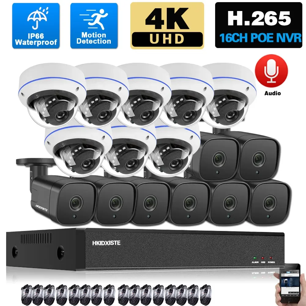 H.265 IP kamera CCTV sistem keamanan POE 4K 16CH, Kit NVR luar ruangan IR penglihatan malam POE Video pengawasan Set sistem 8CH 8MP XMEYE