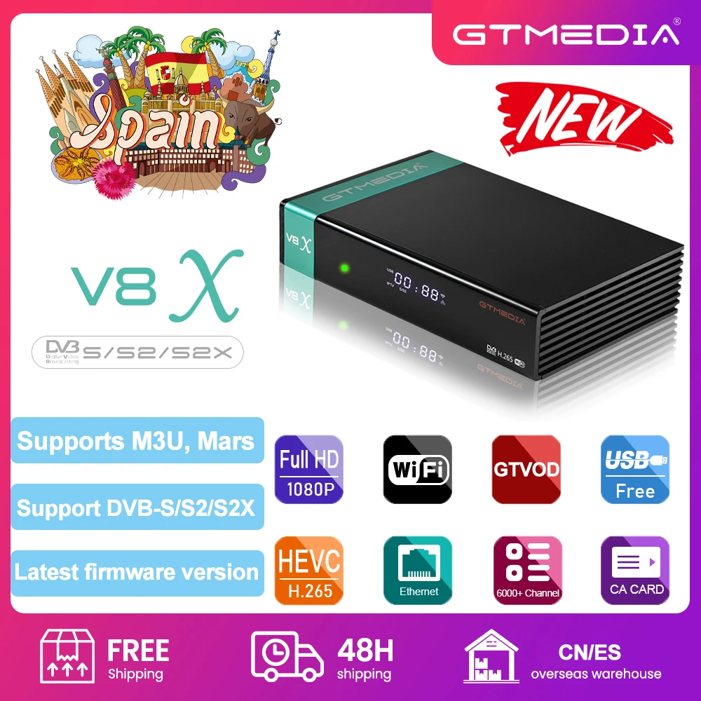 

GTMEDIA V8X Mars Satellite Receiver，DVB-S/S2/S2X AVS+ Built-in 2.4G WIFI H.265 Support BISS auto roll，Support M3U GTVOD+Mars V8X