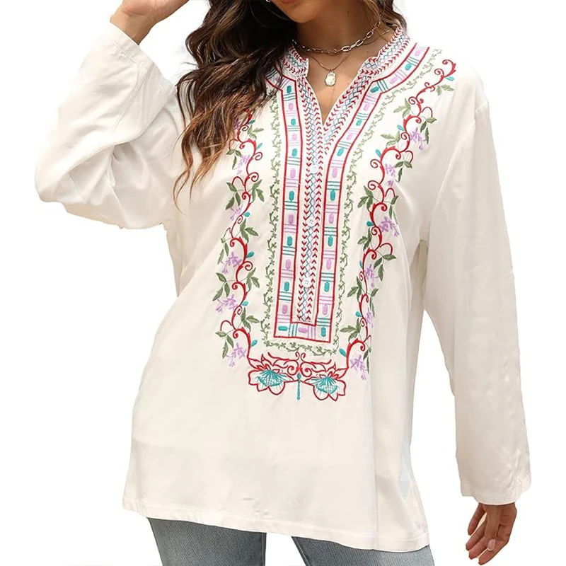 Eaeovni Boho Embroidered Tunic Tops Loose Fit Long Sleeve Mexican Peasant Blouses, Plus Size Bohemian Tunics Hippie Clothes