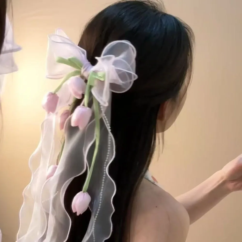 Fairy Style Tulip Hair Clips Pendant Tassel Mesh Ribbon Muguet Flower Hairpin Sheer Tulle Niche Aesthetic