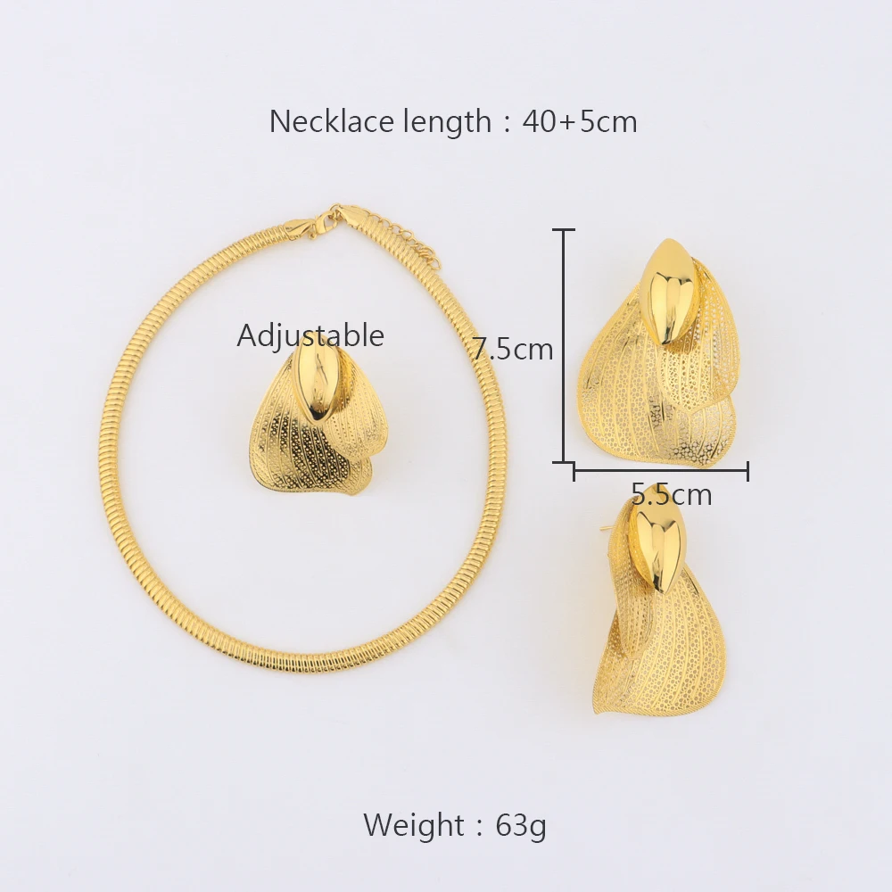 African Gold Color Jewellery Set For Women Luxury Earrings Ring Necklace Gift for Valentine's Day Wedding Party Anniversary