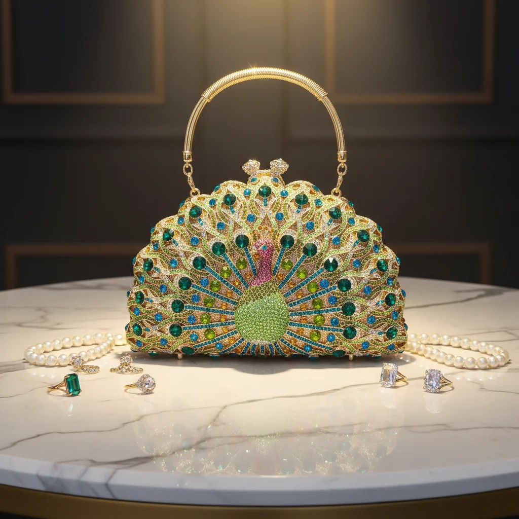 

Crystal Clutch Hollow Large Peacock Diamond Evening Bag High Quality Style Party Wedding Handbag Women Alloy Magnetic Clasp Bag