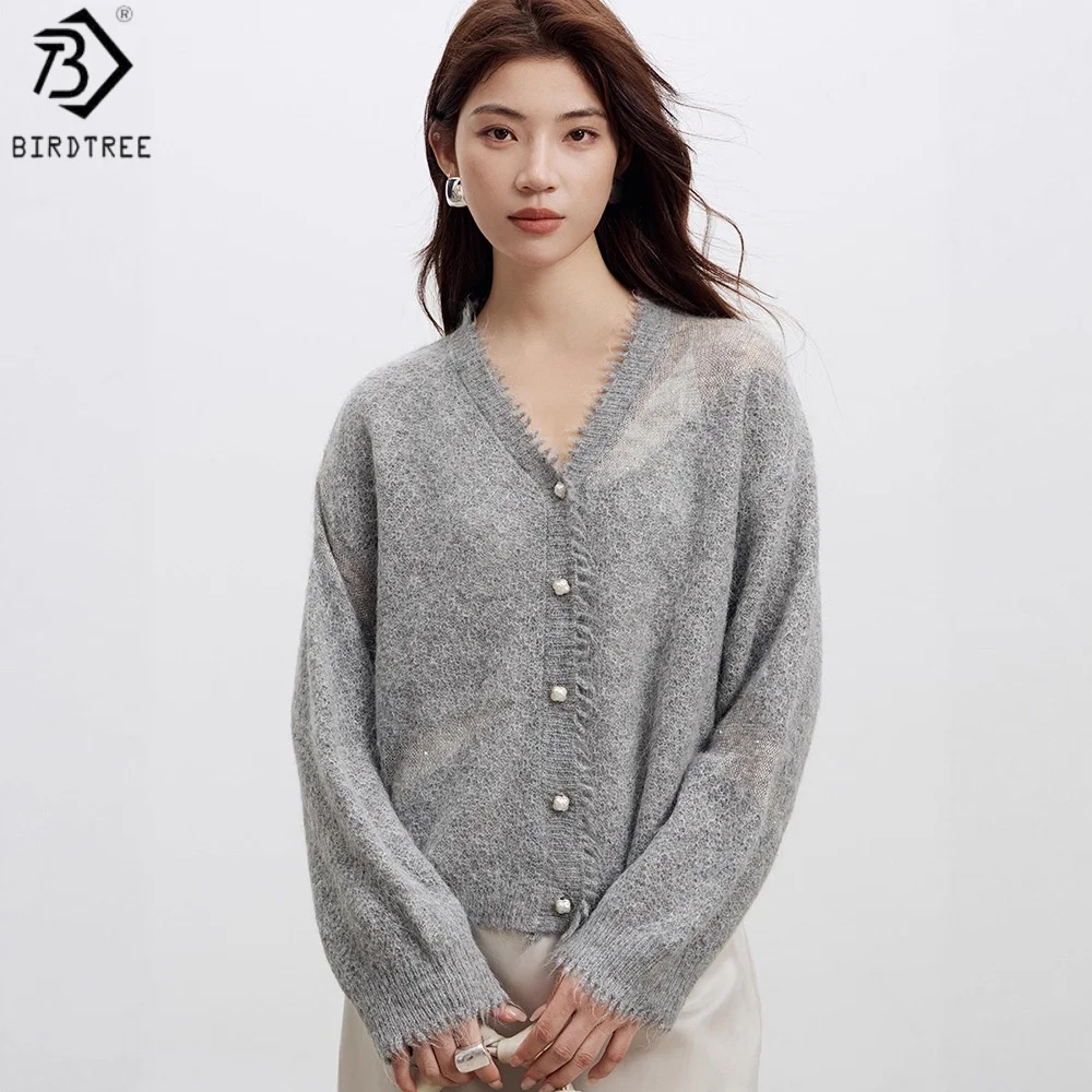 

Birdtree 28.5% Wool 31.3% Alpaca Wool Solid Cardigan,Woman Wool Blend Full Sleeve Tassel Wool Knitted Jacket Coat T58934JF