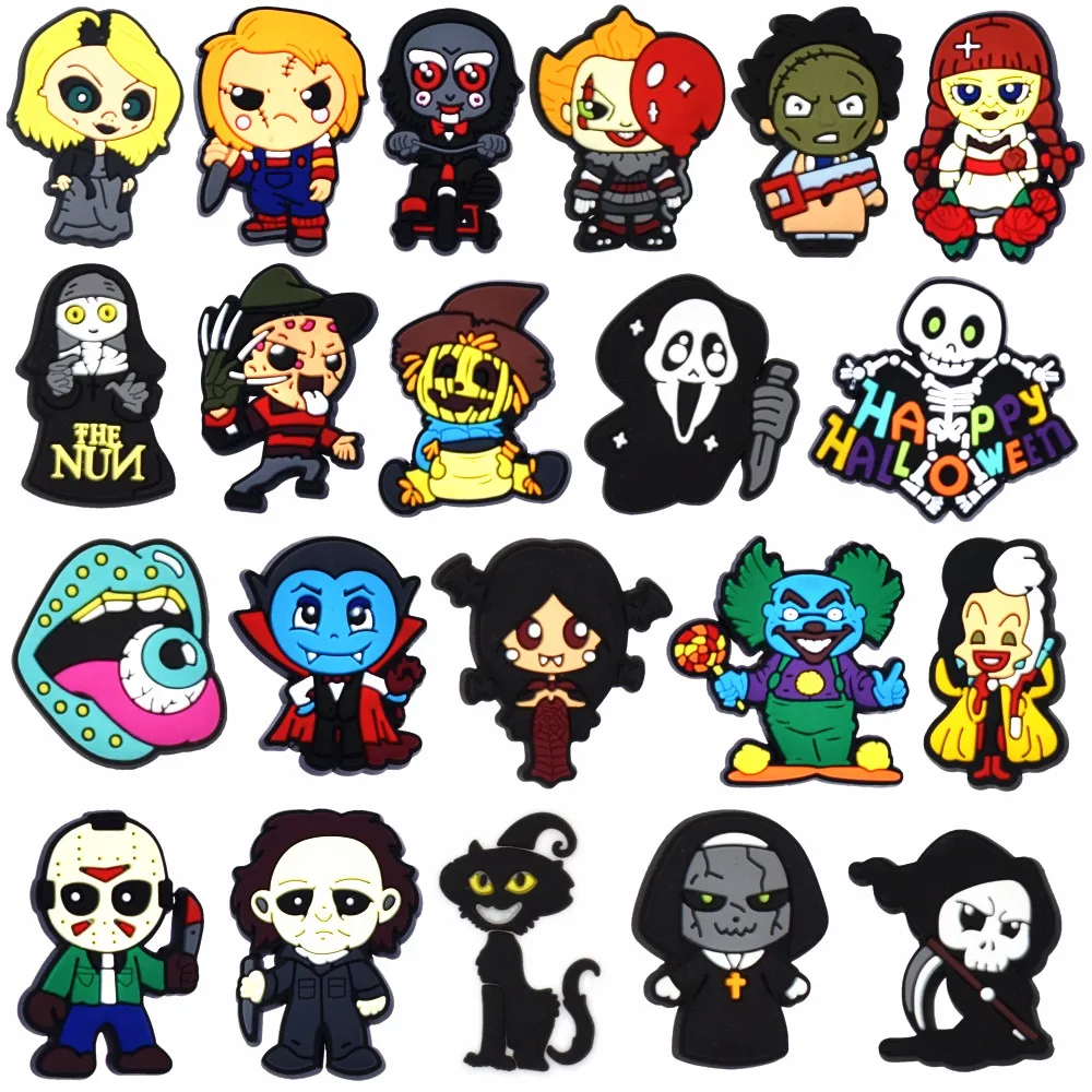 Hot Selling 1PCS Halloween Series PVC Decor For Slipper Shoe Charm Ghost Cartoon Thrilling Character Button Party Gifts Button