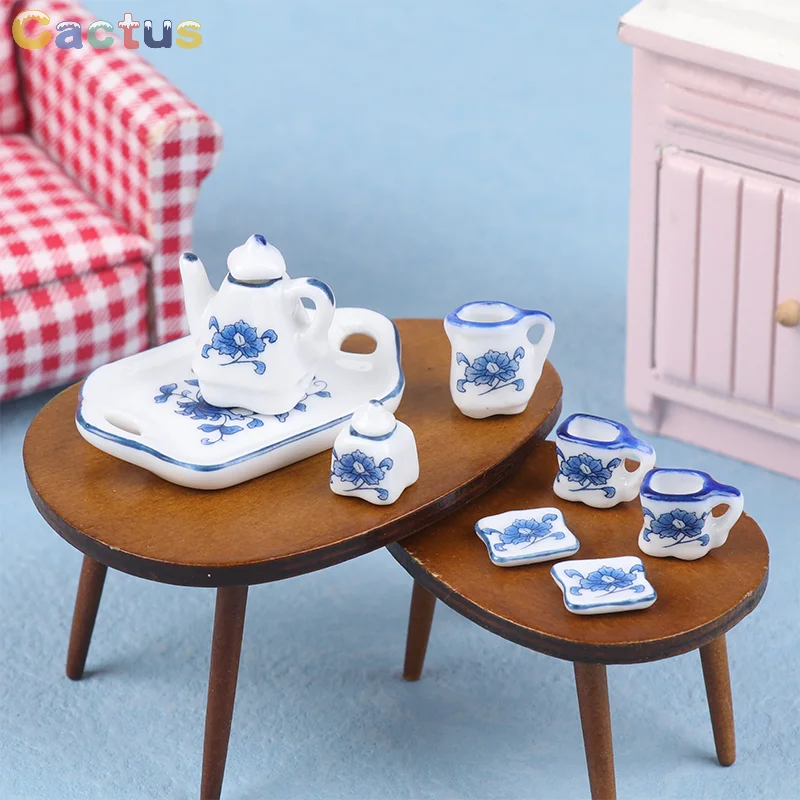 8PCS 1:12 Dollhouse Miniature Ceramic Tea Set Kettle Cup Tray Flower Tableware Kitchen Decor Toy Doll House Accessories