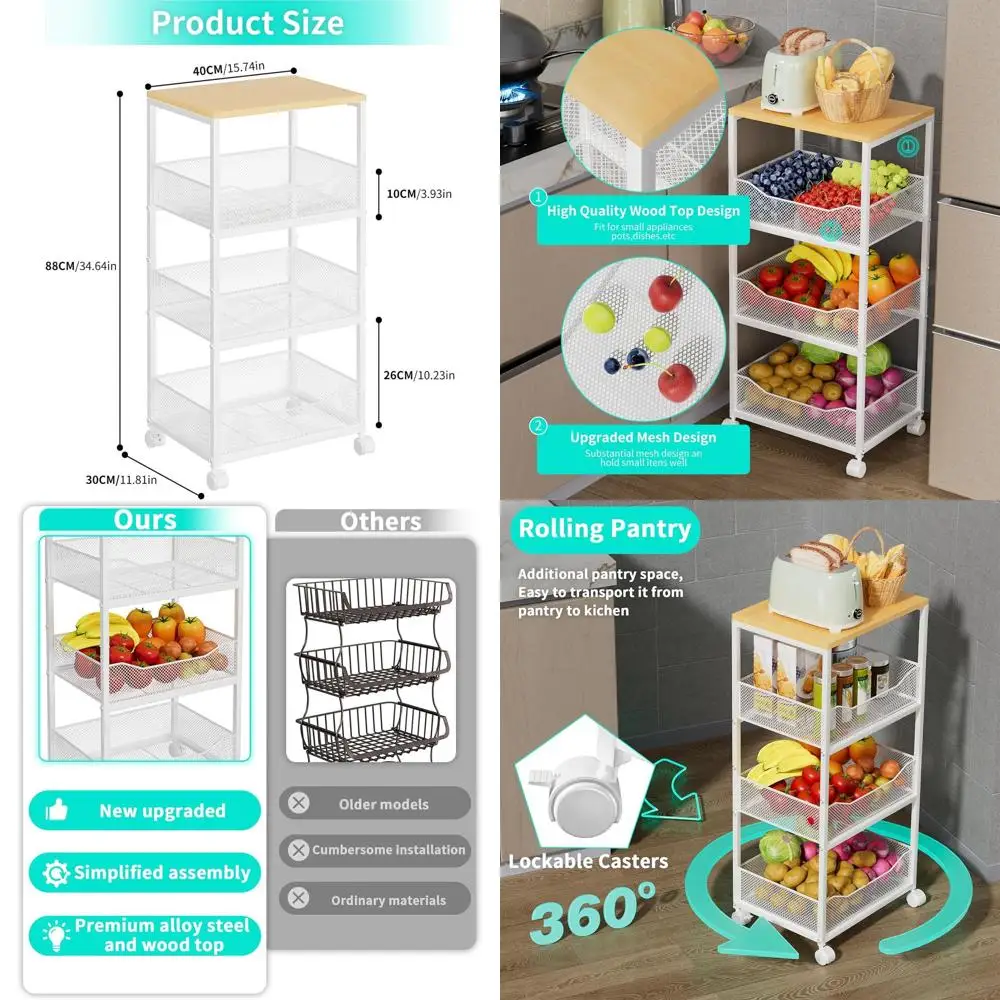 

4-Tier Rolling Kitchen Storage Cart with Wooden Top for Food and Pantry Essentials