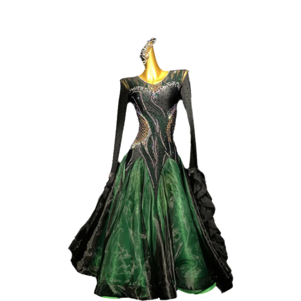 

Латинские танцы AB Stone для женщин, взрослых и детей, элитная черно-зеленая сетчатая юбка по индивидуальному заказу, черное платье для выступлений в бассейне, самба