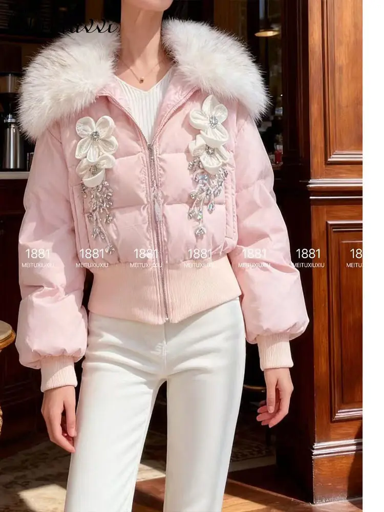 

Down Jacket for Women Winter New Korean Sweet Heavy Diamonds and Flowers Detachable Large Fur Collar Thickened Duck Down Coat