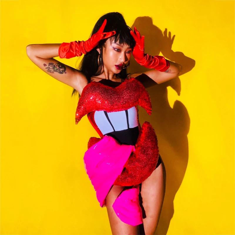 Nowa damska odzież do tańca Gogo Big Lip Red Sequins Bodysuit Women Party Outfit Bar Nightclub Dj Ds Stage Pole Dance Costume Set