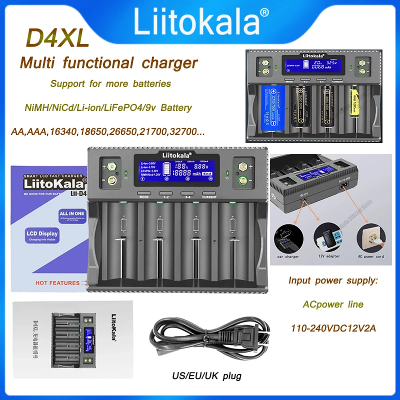 LiitoKala Lii-D4XL Smart Battery Charger for 32700 26650 18650 21700 18500 14500 16340 AA AAA - Li-ion Ni-MH Compatible Charger
