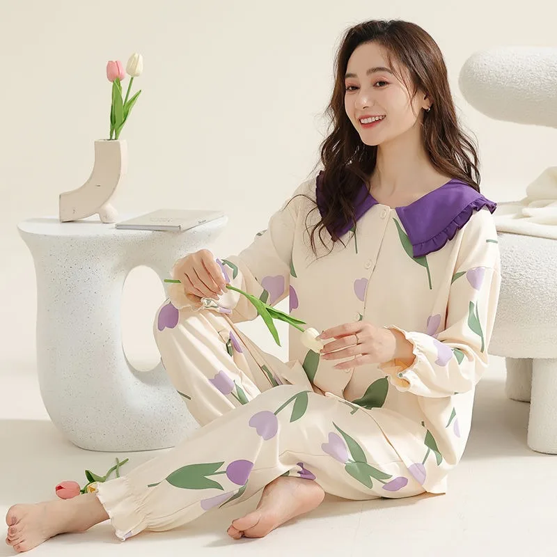 

2024 New Pajama Women's Spring Autumn Sleepwear Long Sleeved Cardigan Student Loungewear Dormitory Doll Collar Homewear Set