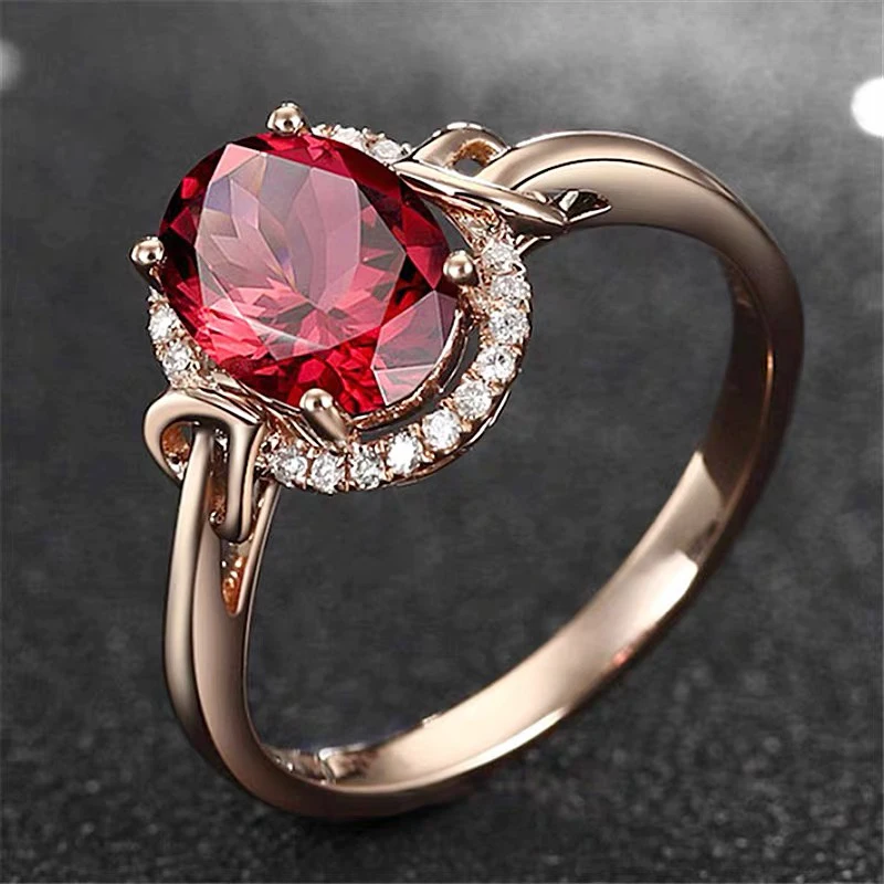 New Fashion Oval Created Ruby Rings Women Trendy Fine Rose Gold Color Zircon Crystal Finger Rings Wedding Party Gifts Jewelry