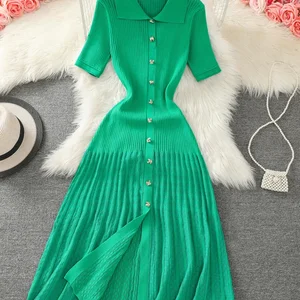 Women's Unique Breast Breast Mesh Dress, Black, Beige, Green, Elegant Lady of the Office, Short Sleeve, Plisada, Chic, Summer, New, 2022 10 Main Sales Long Green Dress - №7