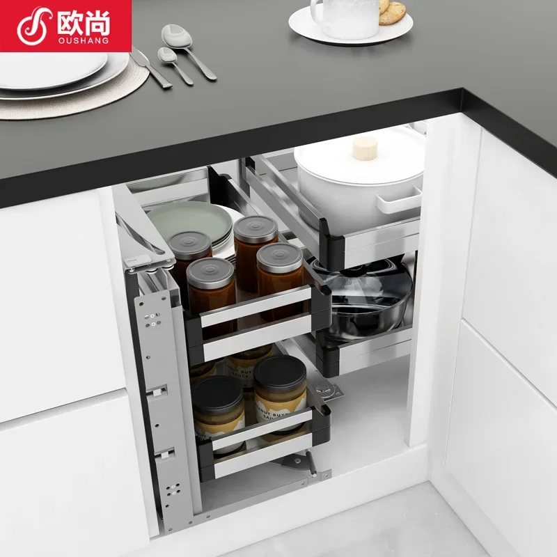 Kitchen Corner Basket Stainless Steel Cabinet Damping Drawer Type Rotary Basket