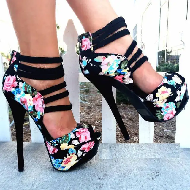 Black Floral Print Multi Strap Platform Peep Toe Stiletto Heels Women Party High Heel Sandals