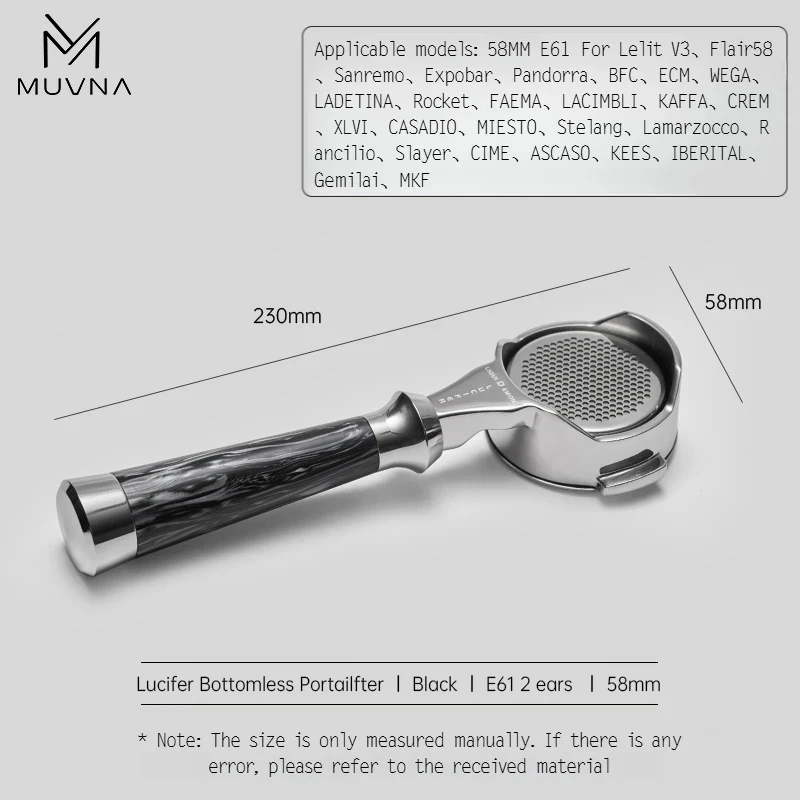 MUVNA Espresso bodemloze portafilter Lucifer-serie, naakte portafilter met mand, geschikt voor E61/Nuova/Delonghi/Breville-machines