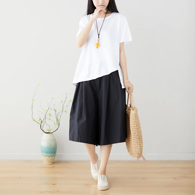 

Slimming Effect Summer Outfit Women's Fashion Set Irregular Wide Leg Pants Short Sleeve T-Shirt Two Piece Set Cotton Blend