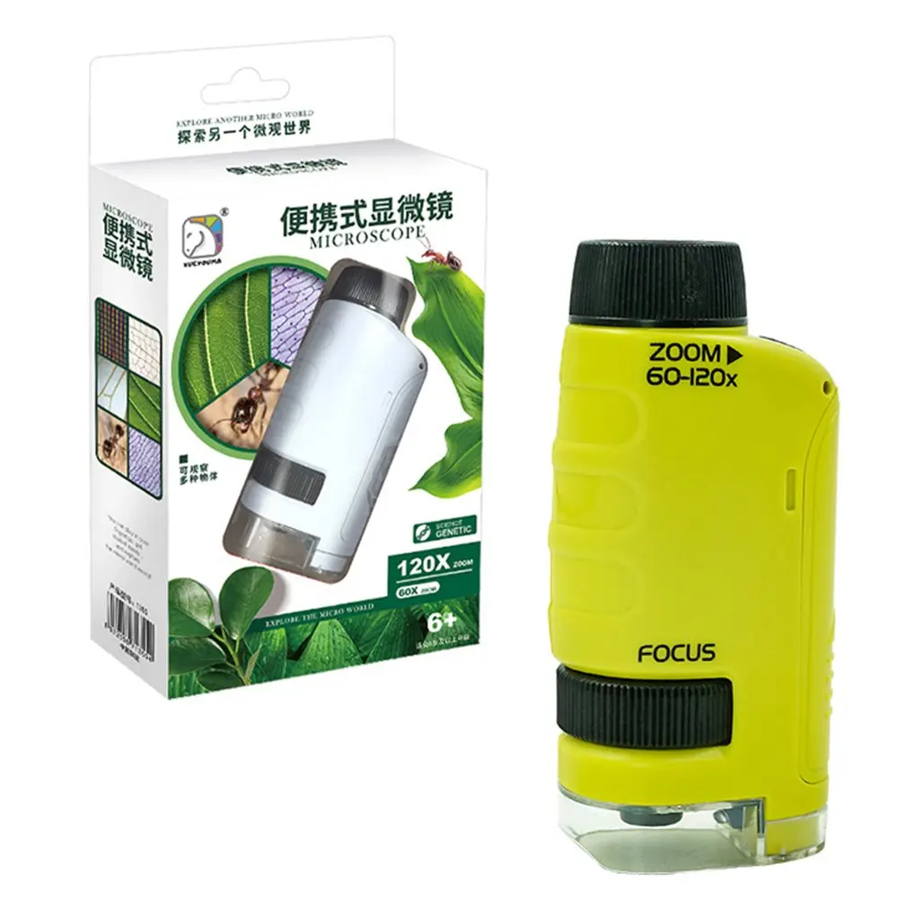 New 60-120X Kids Microscope LED Light 60X-120X Home School Biological Science Educational Tool Mini Portable Handheld Microscope