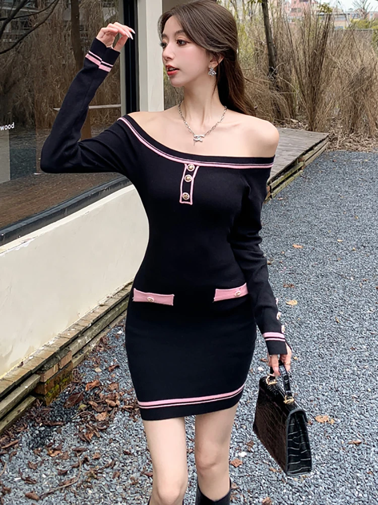 2024 Black Knitted Slash Neck Sexy Mini Dresses Autumn Winter Korean Vintage Hepburn Prom Clothes Women Elegant Bodycon Vestidos