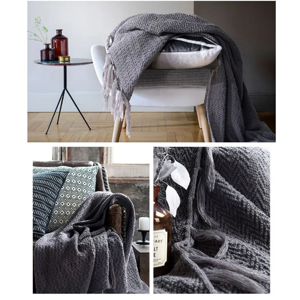 

130x160cm Knit Tassel Blanket Simple Warm Ecofriendly Bed Cover for Home Sofa All Seasons Dark Grey Tassel Blanket