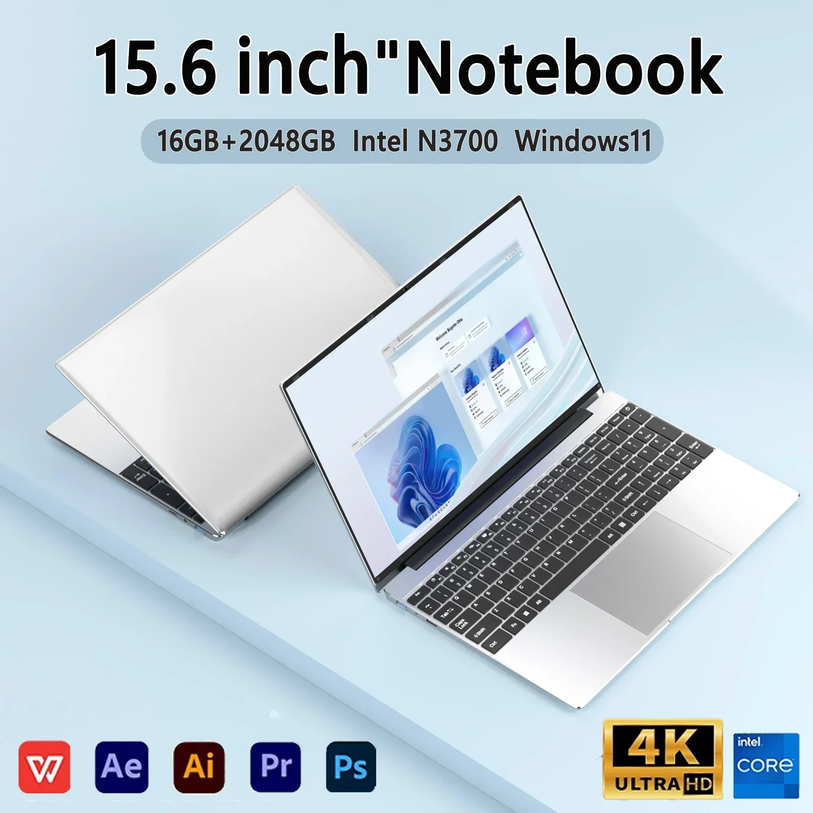 15,6-calowy ultracienki laptop 16 GB RAM 2 TB SSD Intel N3700 Notebook Gamer 1920*1080 Wyświetlacz Biuro Nauka Komputer PC Windows 11 Pro