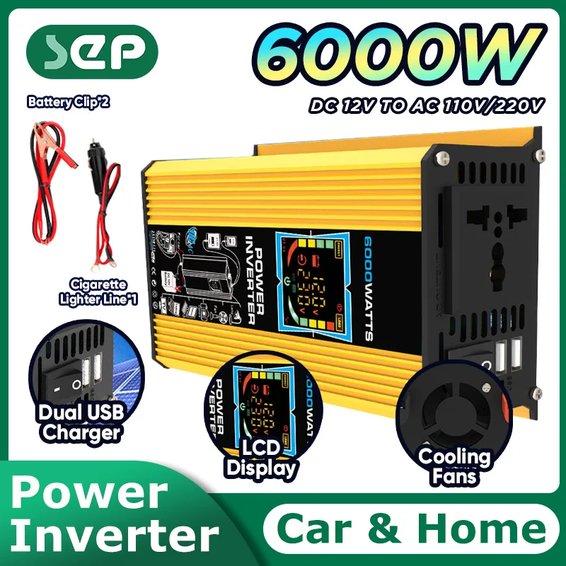 12V to 220V110V Car Solar Power Conversion with Dual USB Digital Display 6000W Intelligent Inverter