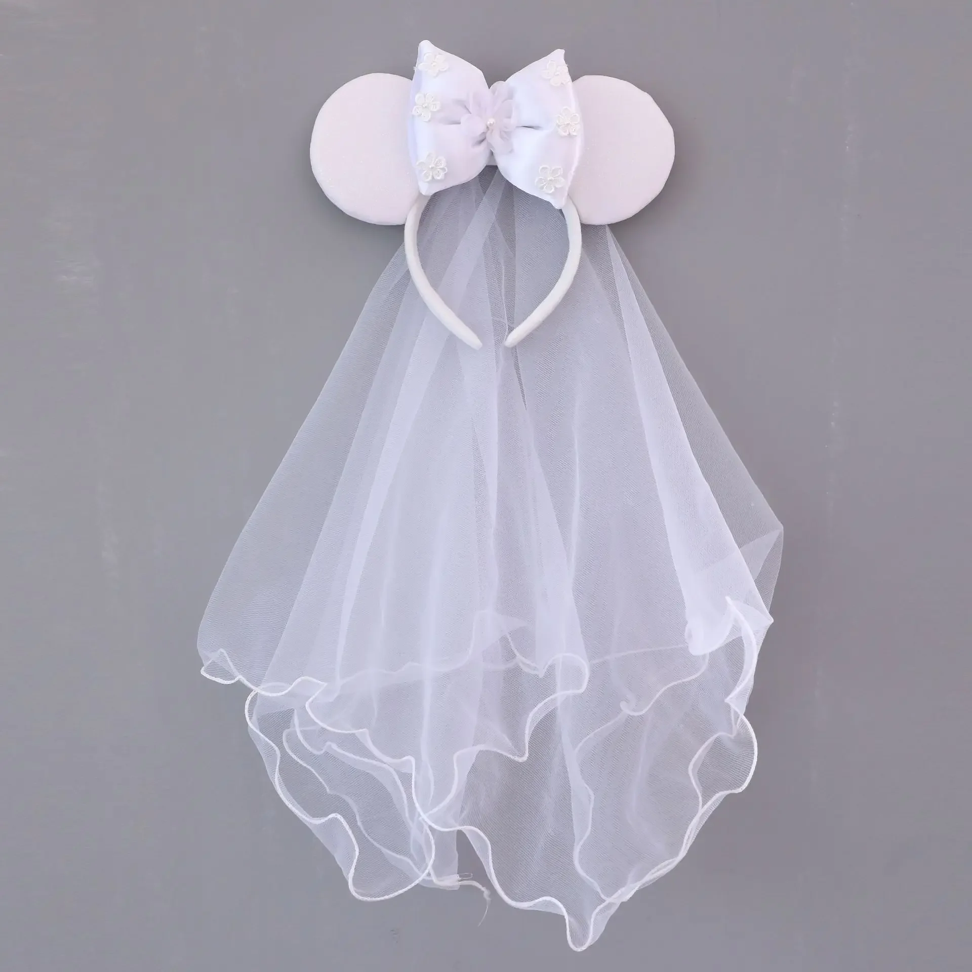 White Day Mouse Ears Headband With Veil Sequins 5