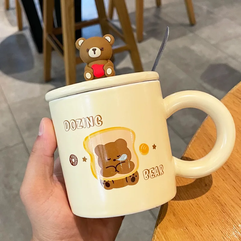 Creative Bear Ceramic Mug,Cute Cartoon Coffee Mugs with Lid Spoon,Breakfast Milk Drink Cups,Couple Water Cup,Office Tea Cup Set