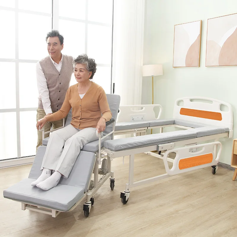 Manual Adjustable Medical Bed with Wheelchair, Elderly Nursing Bed with Guardrails & Wheels, Home Care Bed for Disabled Patients