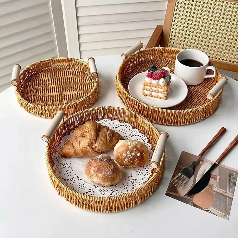 1Pcs Breakfast Bread Food Handwoven Rattan Basket Fruit Vegetable Cake Wicker Round Shape Storage Tray With Handle Food Plate