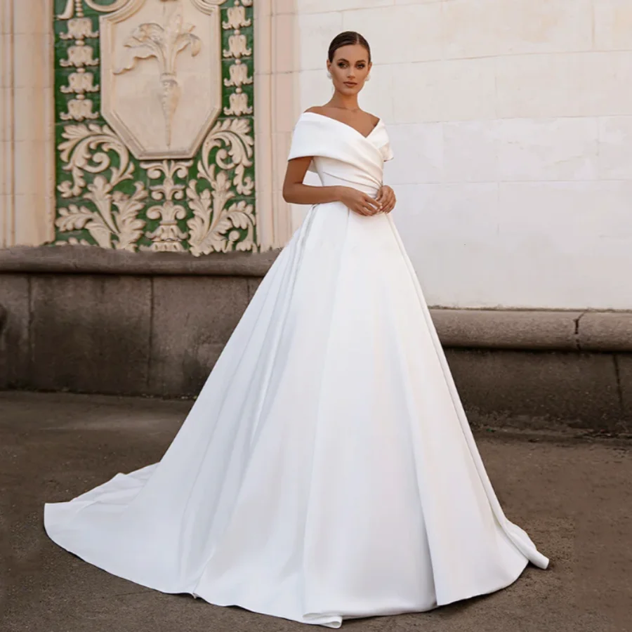 OUSIRUI V Neck Simple Satin Wedding Gown Sweep Train Gorgeous Ball Gown Wedding Dresses Off The Shoulder Corset Bridal Dress