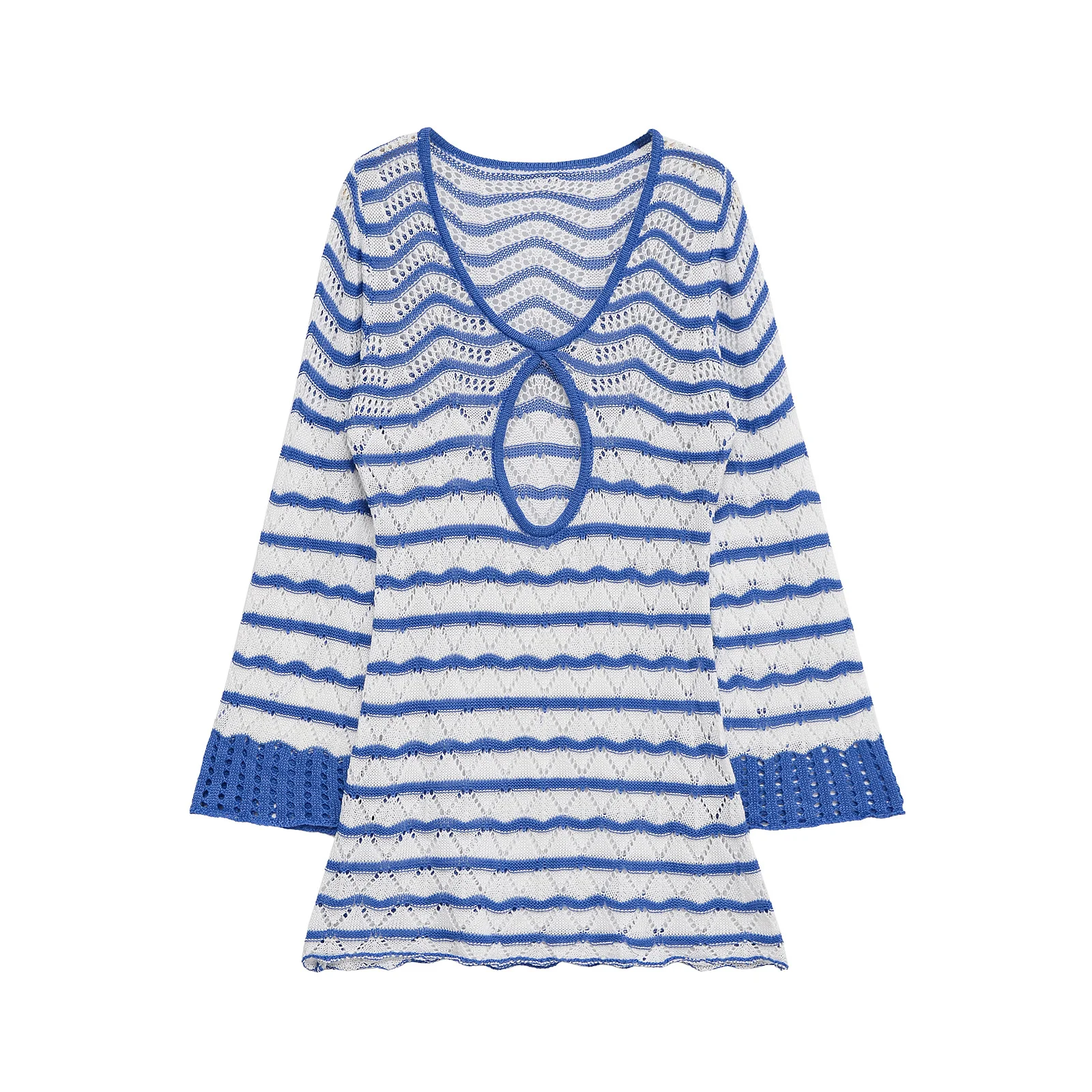 

Korejepo New Women Clothing European American Style Fashionable Simple Loose Striped Hollow Long Sleeved Dress